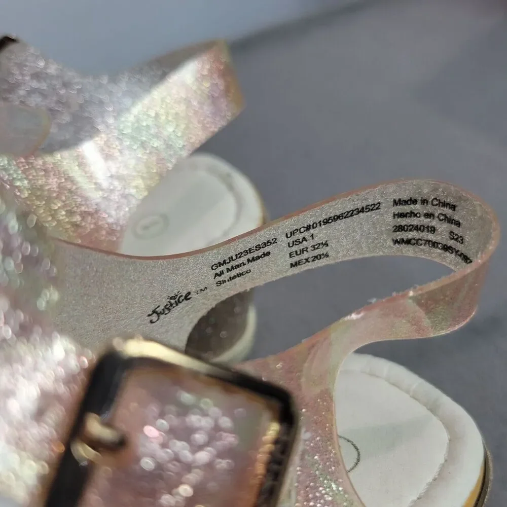 Justice Girls Size 1 Glittery Pink Wedge Sandals With Buckle Strap & Textured So